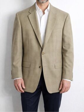 Oscar De La Renta Men’s Taupe Plaid Wool Blazer 46 Long Business Casual Workwear